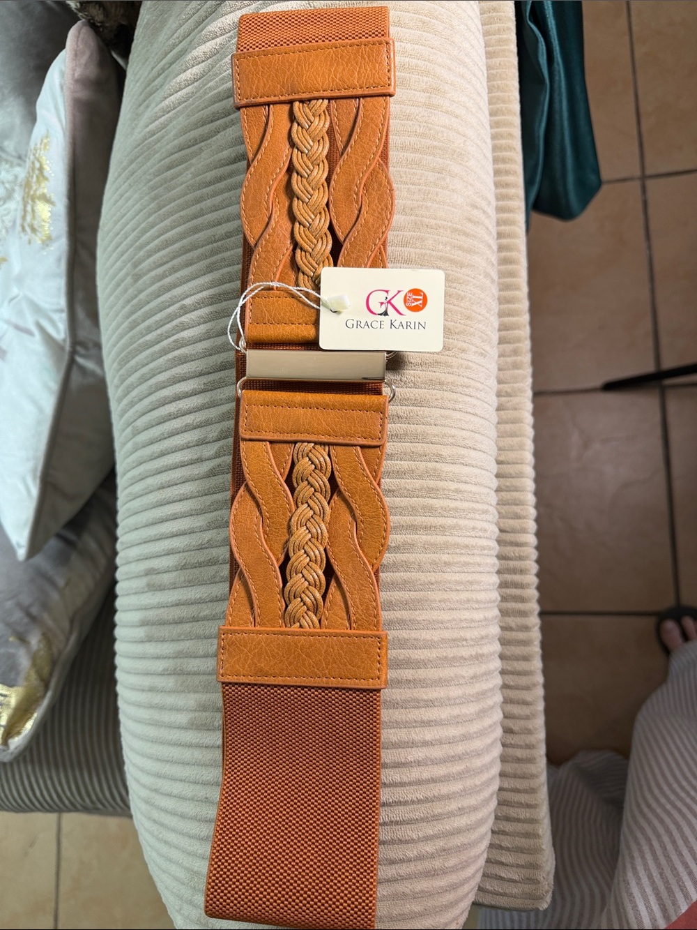 Grace Karin Braided Elastic Waist Belt - Caramel Brown with Gold Buckle